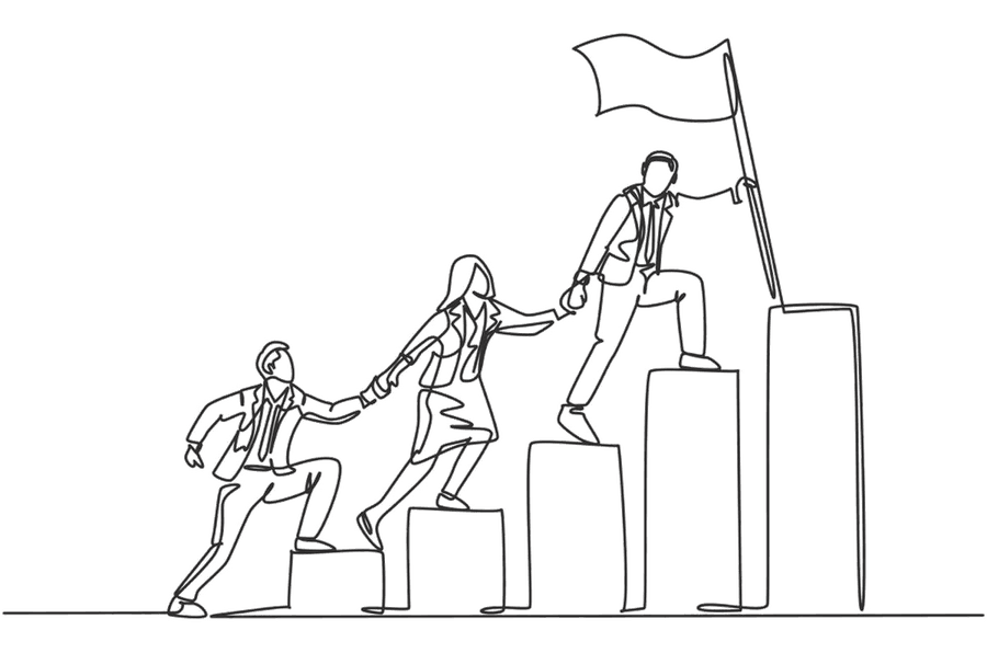 Team climbing steps toward a flag