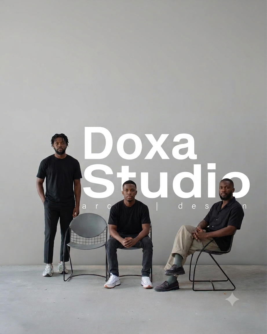 Doxa Studio team portrait in front of a Doxa Studio wall mark