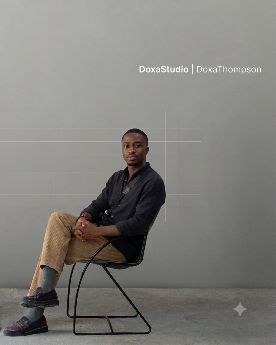 Doxa Thompson seated in front of a Doxa Studio wall mark
