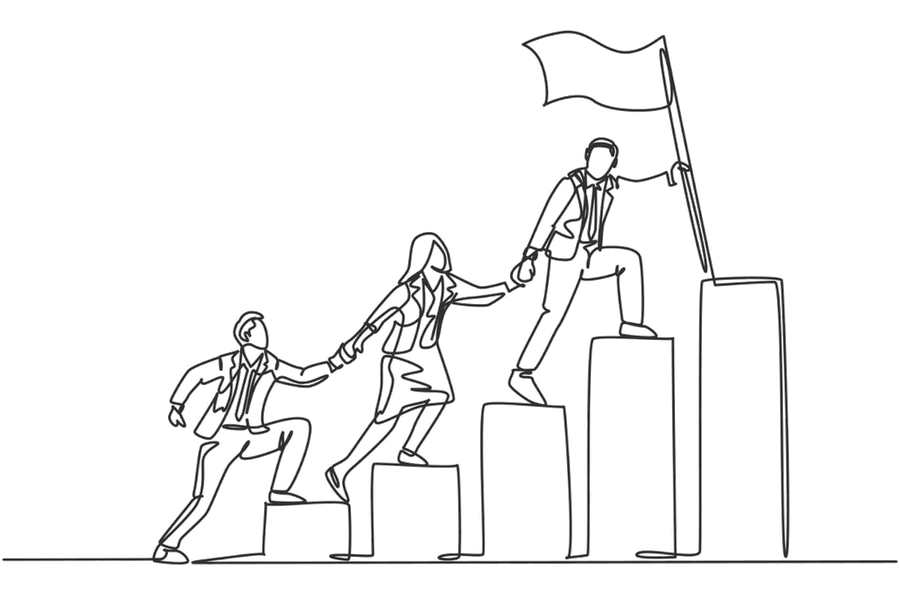 Illustration of a team moving up steps toward a flag